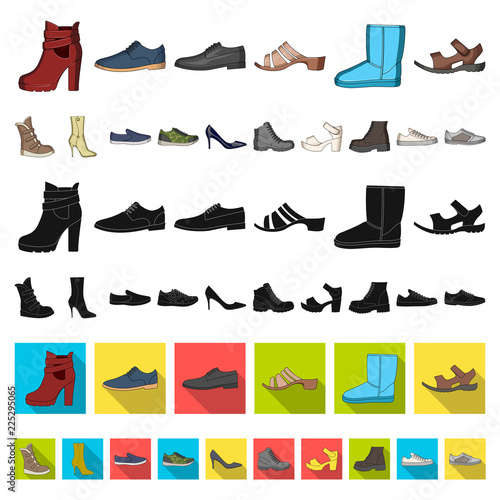 Different shoes cartoon icons in set collection for design. Men s and women s shoes vector symbol stock web illustration.