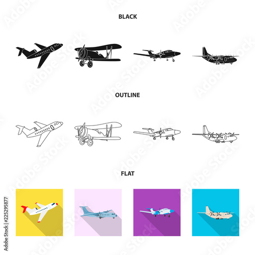Vector illustration of plane and transport logo. Collection of plane and sky vector icon for stock.