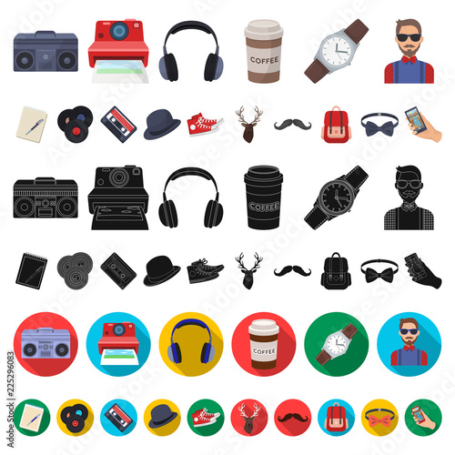 Style Hipster cartoon icons in set collection for design. Hipster Attributes and accessories vector symbol stock web illustration.