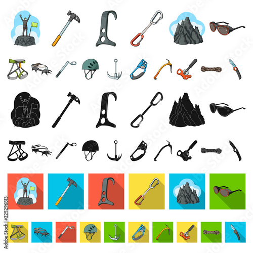 Mountaineering and climbing cartoon icons in set collection for design. Equipment and accessories vector symbol stock web illustration.