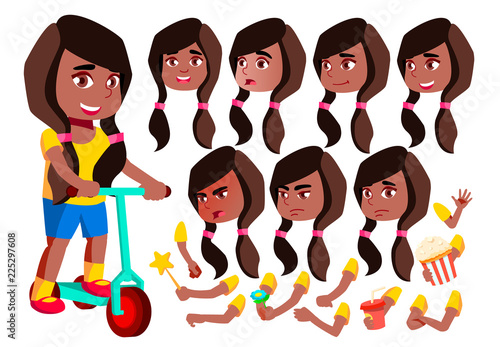 Girl, Child, Kid, Teen Vector. Black. Afro American. Joy. Comic Classmate. Face Emotions, Various Gestures. Animation Creation Set. Isolated Flat Cartoon Character Illustration