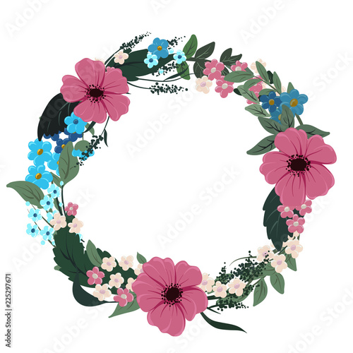 vector drawings of round wreath with leaves and cute flowers, floral frame