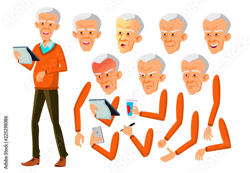 Asian Old Man Vector. Senior Person. Aged, Elderly People. Emotional, Pose. Face Emotions, Various Gestures. Animation Creation Set. Isolated Flat Cartoon Character Illustration