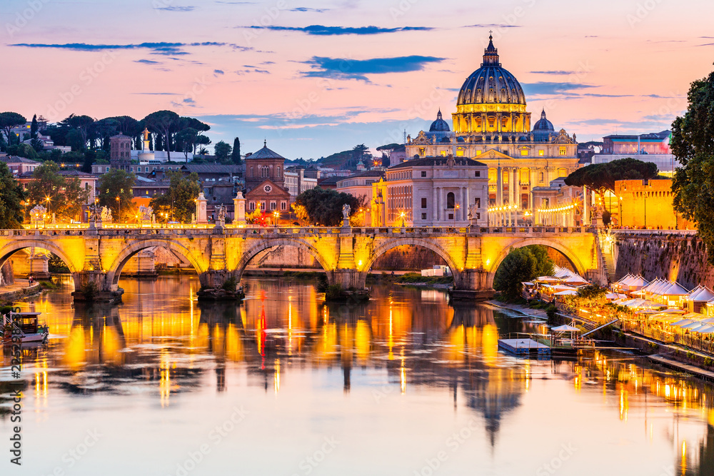 Vatican City. Saint Peter Basilica and Sant`Angelo Bridge. Rome, Italy.