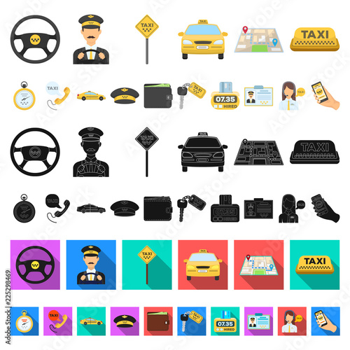 Taxi service cartoon icons in set collection for design. Taxi driver and transport vector symbol stock web illustration.
