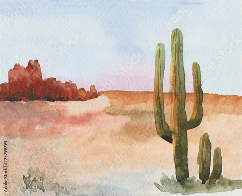 Landscape of American prairies with cactus. Wild West. An illustration painted in watercolor