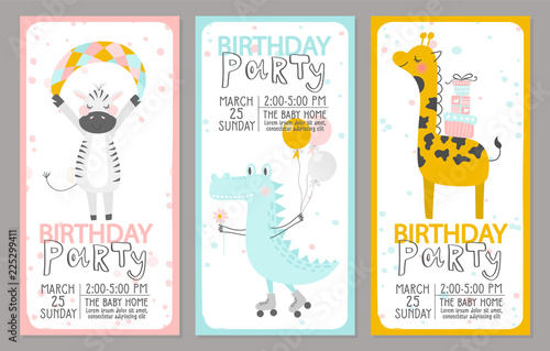 Set of Birthday party invitation templates with cute animals. Vector illustration