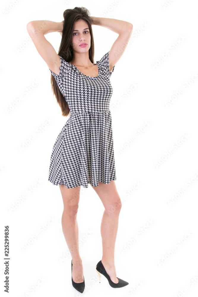 charming pretty woman in summer dress hand in hair charming pretty woman in summer dress hand in hair