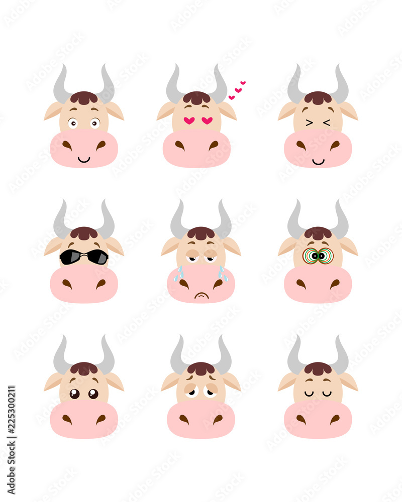 Obraz premium Emotions cow set. Smiling, bored, enamored, sleepy, sad and other cow's emotions collection. Set expressions avatar
