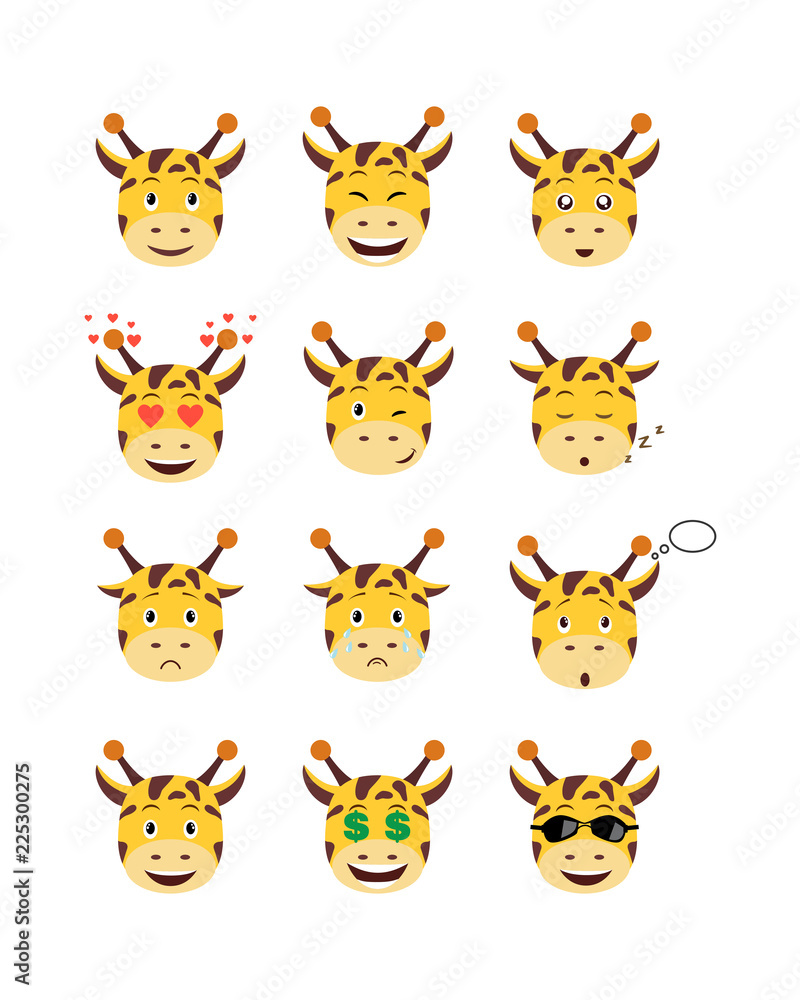 Fototapeta premium Cartoon giraffe emotions set. Smiling, bored, enamored, sleepy, sad and other giraffe's emotions collection. Set expressions avatar