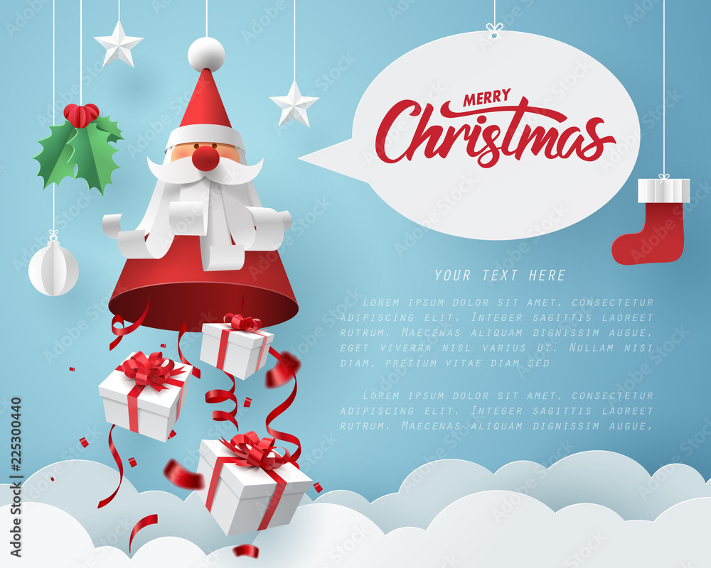 Paper art of Gift box dropping from Santa Claus, merry Christmas and happy new year celebration concept - obrazy, fototapety, plakaty 