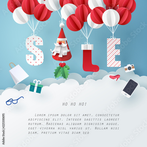 Paper art of Santa Claus and red sock mobile hanging with balloon on sky, new year and Christmas celebrate of sale