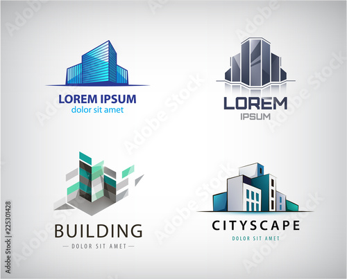 Vector set of colorful real estate logos, city and skyline icons, illustrations. Architect construction