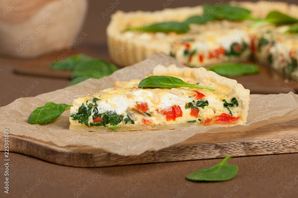 Home Baked Quiche With Spinach, Bell Pepper, Feta Cheese. Home Baked Quiche With Spinach, Bell Pepper, Feta Cheese.