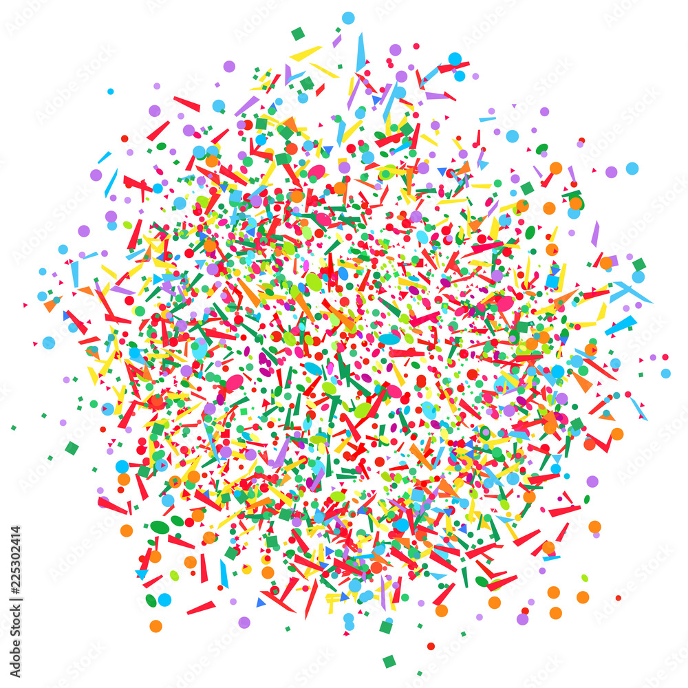 Colored circle pattern with geometric elements on white. Holiday background with confetti. Texture from glitters. Festive frame. Print for banners, posters, t-shirts and textiles. Greeting cards Colored circle pattern with geometric elements on white. Holiday background with confetti. Texture from glitters. Festive frame. Print for banners, posters, t-shirts and textiles. Greeting cards