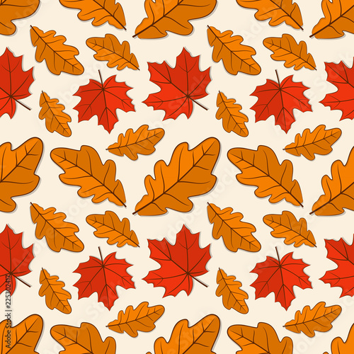 Seamless pattern with oak and maple autumn leaves. Vector illustration.