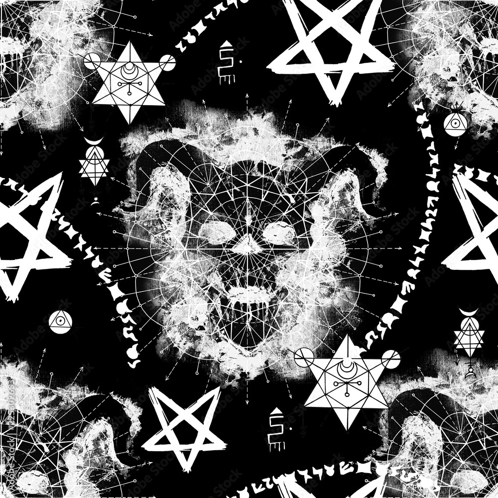 Seamless pattern with devil skull, mysterious symbols and pentagram on