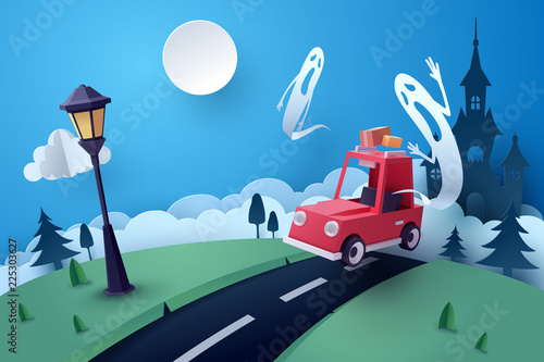 Paper art of happy Halloween, red car run away from a ghost castle