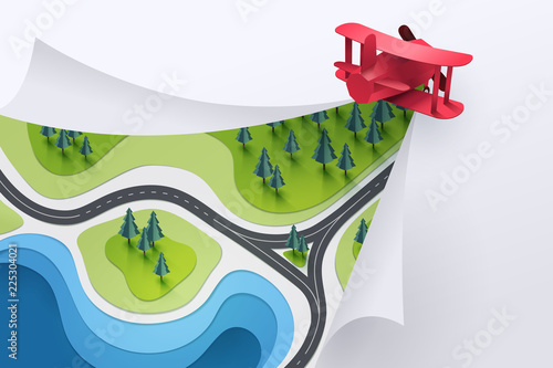 Paper art of red plane fly and cut a paper at the same time, travel and explore concept