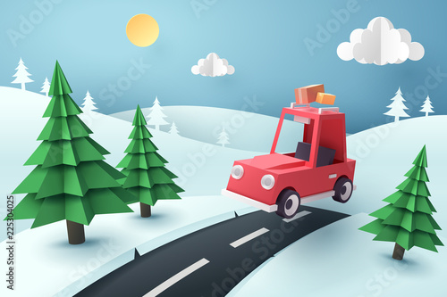 Paper art of red car jumping on mound of snow, travel and season concept