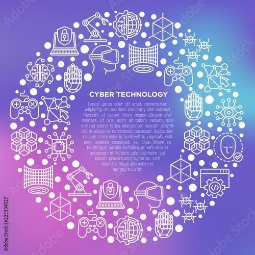 Cyber technology concept in circle with thin line icons: ai, virtual reality glasses, bionics, robotics, global network, microprocessor, nano robots. Vector illustration, print media template.