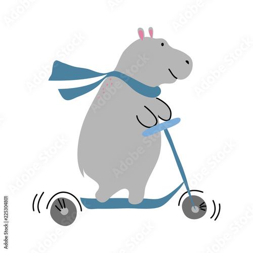 vector color grey riding scooter hippo animal simple scandinavian style dress scarf childish for your paper textile design