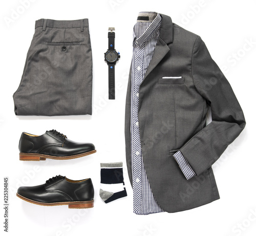 Men's casual outfits for man clothing with gray suit , watch, sock, trousers, shirt and black shoe isolated on white background, Top view