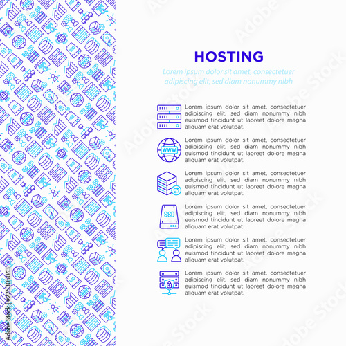 Hosting concept with thin line icons: VPS, customer support, domain name, automated backup, SSD, control panel, secure server, local network, SSL. Modern vector illustration for banner, print media.