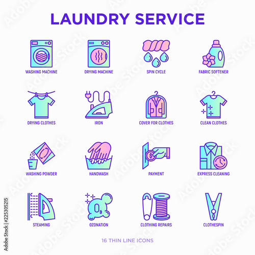 Laundry service thin line icons set: washing machine, spin cycle, drying machine, fabric softener, iron, handwash, washing powder, steaming, ozonation, repair, clothepin. Modern vector illustration.