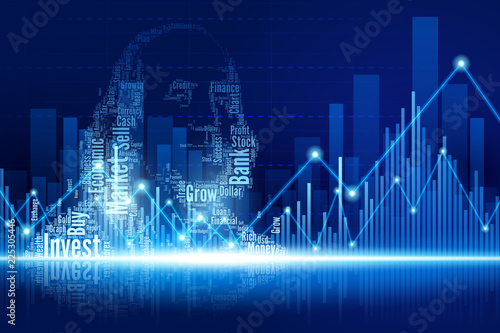 Benjamin Franklin from financial words with the buildings and town from volume bar background
