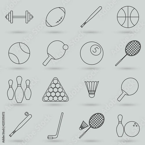 Set of sports balls, hobbies, entertainment vector line icons. It contains symbols of football, basketball, bowling, tennis and much more. Outline web icon set