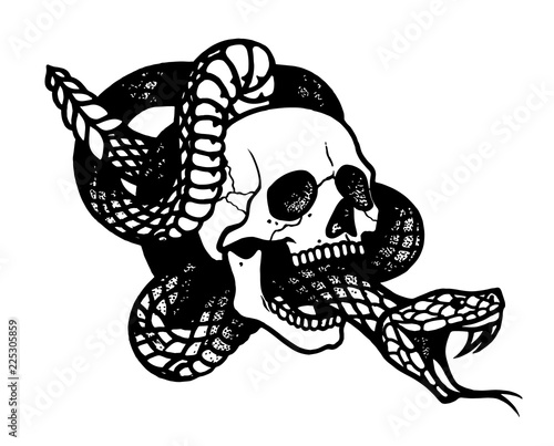 Tattoo with skull and snake.Isolated vector illustration.