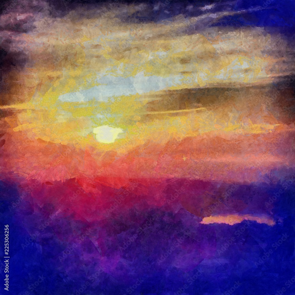 custom made wallpaper toronto digitalOil painting. Art print for wall decor. Acrylic artwork. Big size poster. Watercolor drawing. Modern style fine art. Beautiful evening landscape. Charming red sunset above mountain.