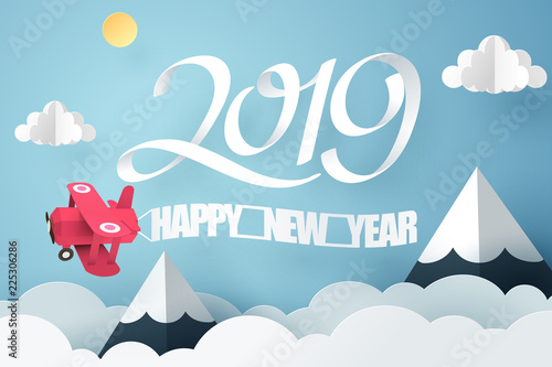 Paper art of 2019 happy new year with red plane flying in the sky