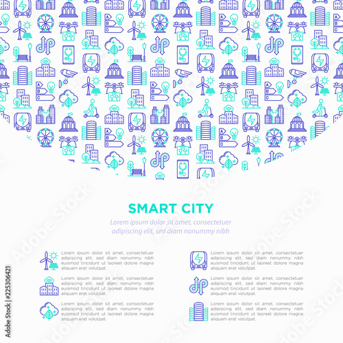 Smart city concept with  thin line icons: green energy, intelligent urbanism, efficient mobility, zero emission, electric transport, balanced traffic, CCTV. Vector illustration, print media template.