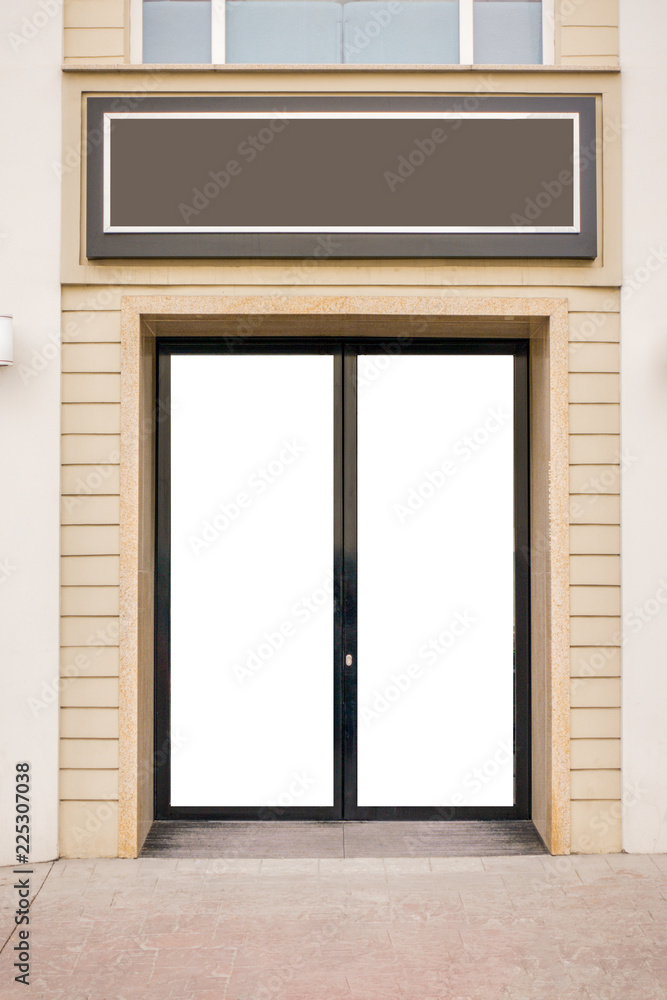 Storefront. Mock up blank glass door and empty signboard Storefront. Mock up blank glass door and empty signboard