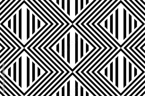 Seamless pattern with striped black white straight lines and diagonal inclined lines (zigzag, chevron). Optical illusion effect, op art. Background for cloth, fabric, textile, tartan.