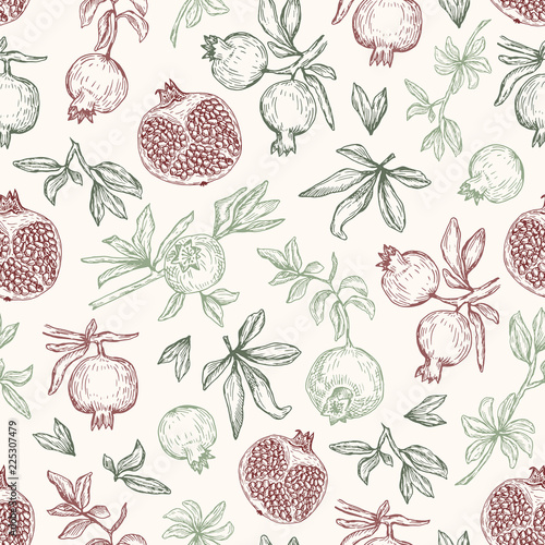 Vector illustration. Pen style vector seamless pattern. Pomegranates, cut pomegranate, branches and leaves.