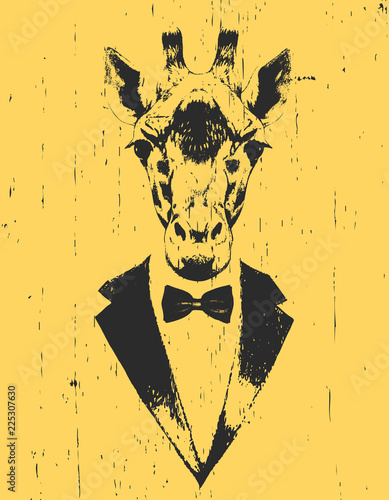 Portrait of Giraffe in suit, hand-drawn illustration, vector