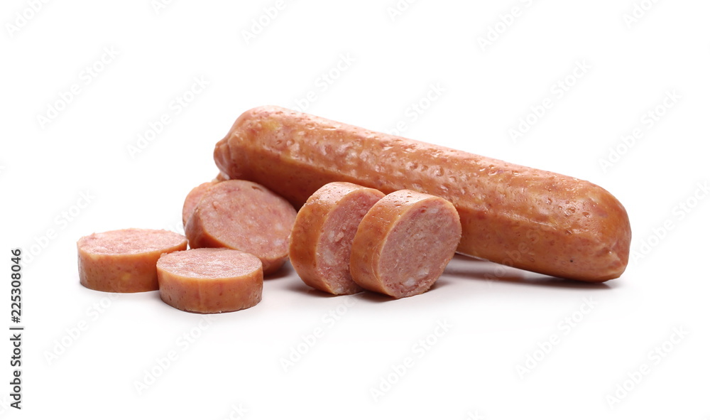 Sausages with slices isolated on white background Sausages with slices isolated on white background