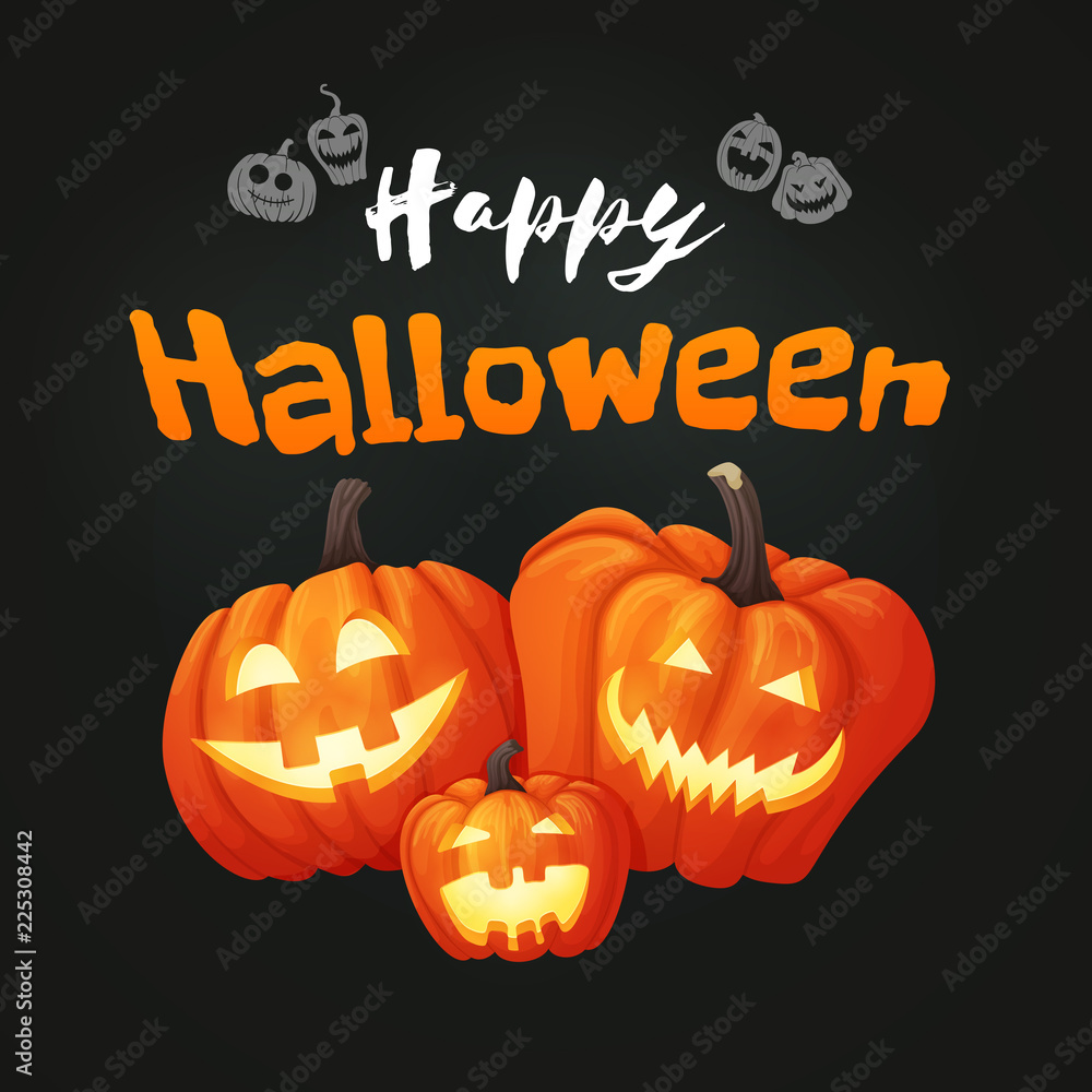 Happy halloween poster with three pumpkins with faces on the dark background. Happy halloween poster with three pumpkins with faces on the dark background.