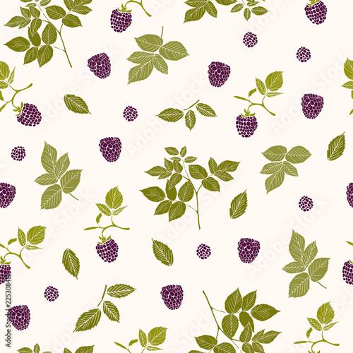 Vector illustration. Blackberry branches and berries. Seamless color pattern.