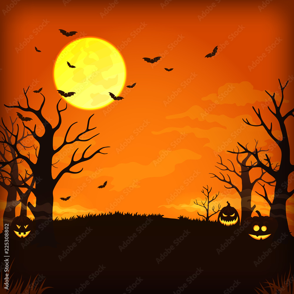 Spooky orange night background with full moon, clouds, bats, bare trees and pumpkins with glowing faces.