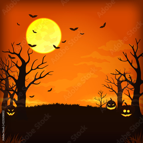 Spooky orange night background with full moon  clouds  bats  bare trees and pumpkins with glowing faces.