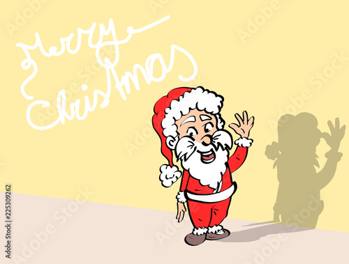 Volledige gekleurde illustratie van kerstman tegen een kleurige achtergrond. Leuk voor een kerstkaart. Grappige cartoon stijl - ingekleurde lijntekening. 