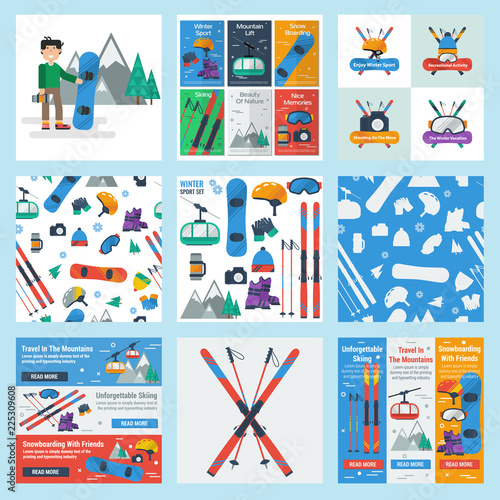 Nine square banners of winter and sport activity
