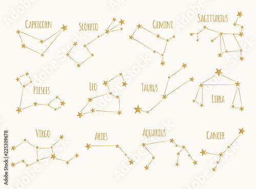 Set of golden constellations. Vector zodiac signs.