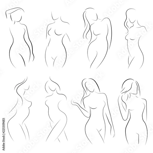 Set of female figures. Collection of outlines of young girls. Stylized slender body. Linear Art. Black and white vector illustration. Contour of a slender figure.