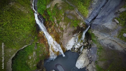 Aerial view of waterfall in Banos, Equador.