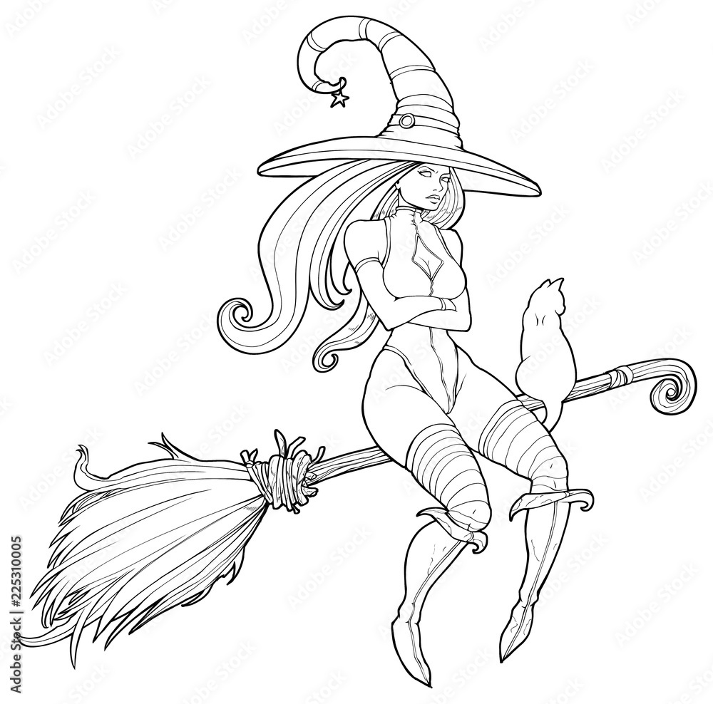 Illustrazione Stock Sexy witch flying on a broomstick | Adobe Stock